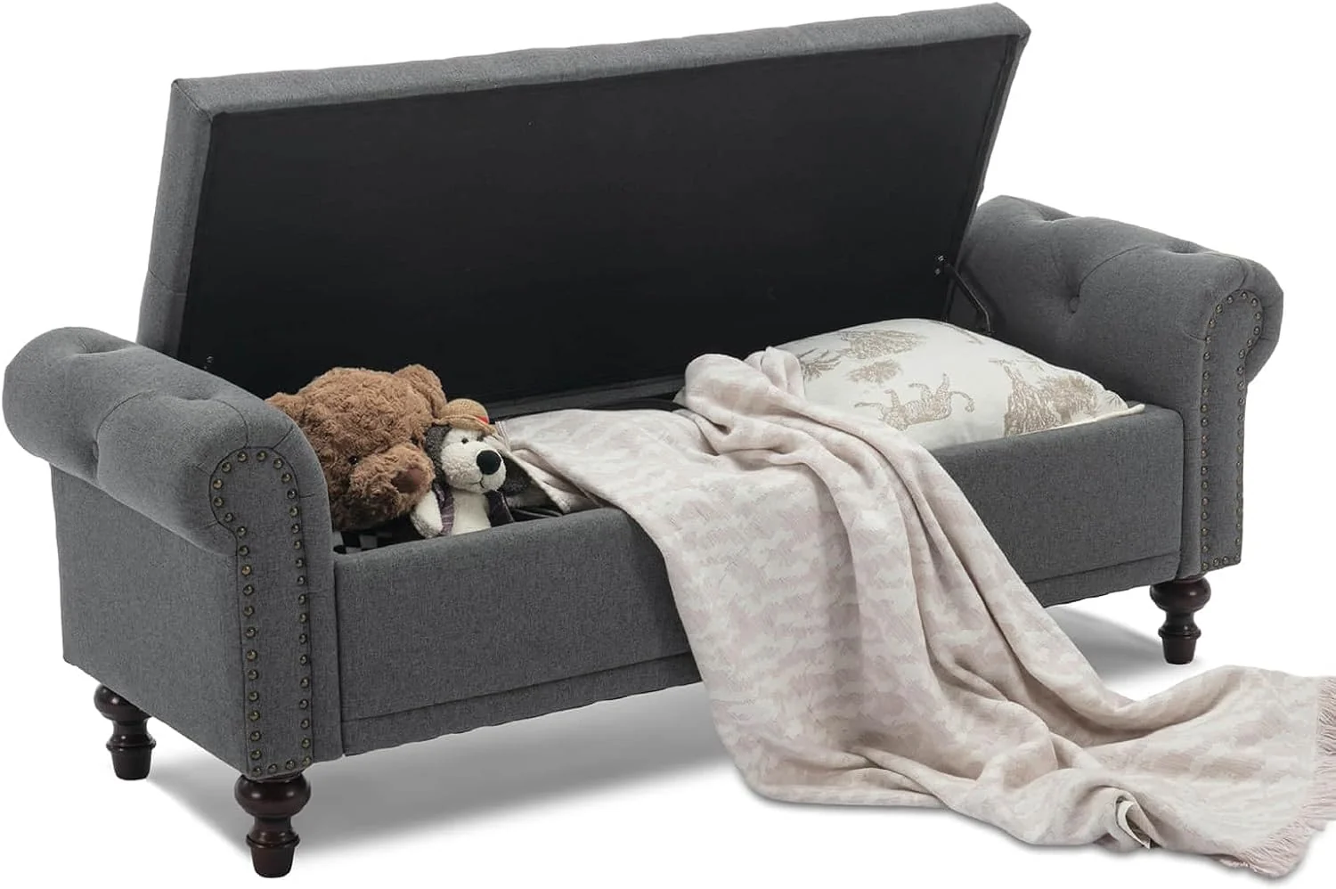 Lightweight 58.1” Storage Bench Upholstered Linen End of Bedroom Bed Bench Ottoman with Tufted Cushioned Rolled Arm Large Storage Space for Reading Living Room Entryway Grey Smart