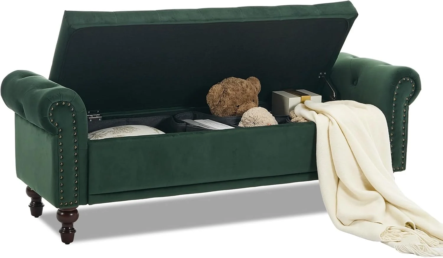 Easy-to-Use 58.1” Storage Bench Upholstered Velvet End of Bedroom Bed Bench Ottoman with Tufted Cushioned Rolled Arm Large Storage Space for Reading Living Room Entryway Dark Green Crafted