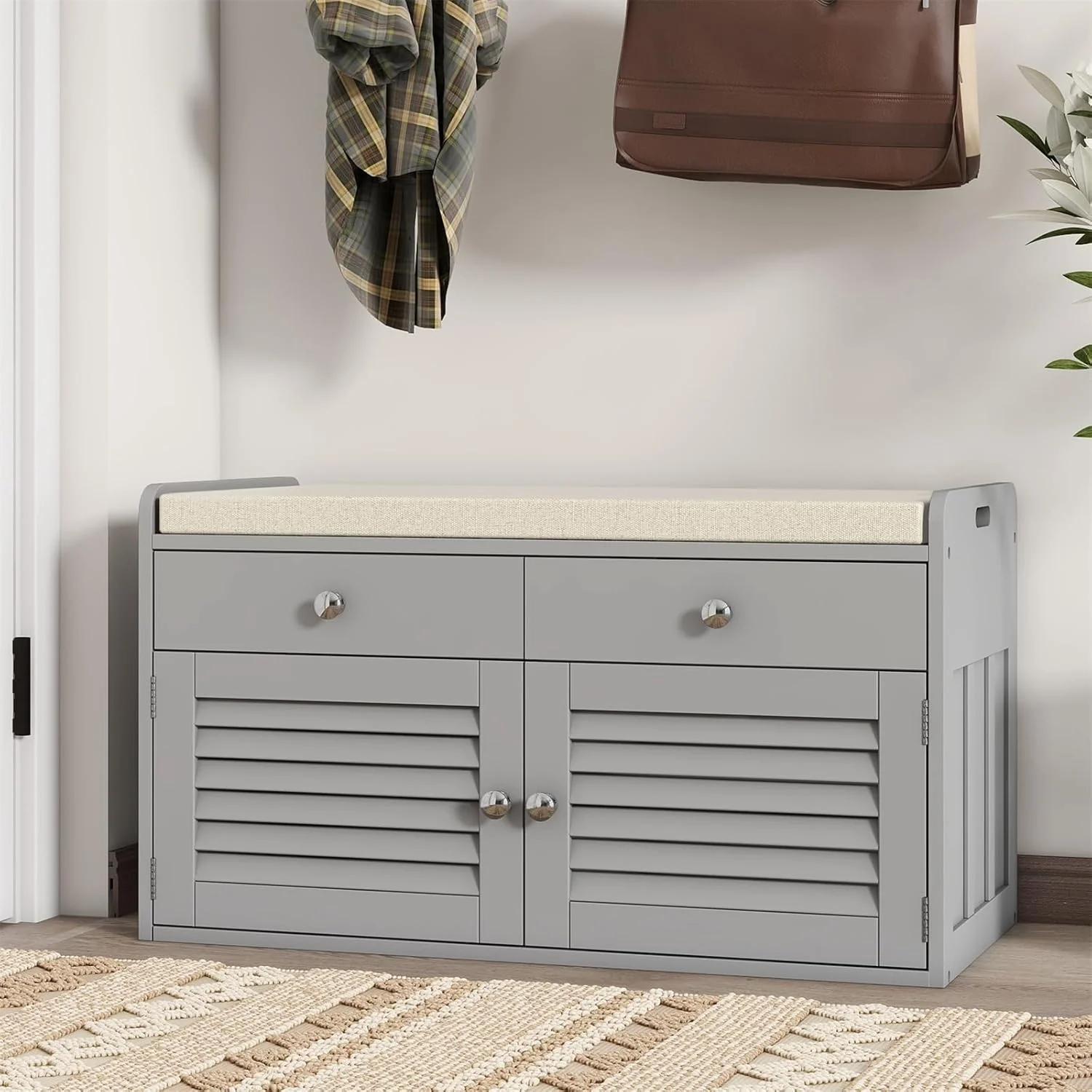 Enhanced Shoe Storage Bench with 2 Drawers 2 Doors Entryway Bench with Cushion 2 Adjustable Shelves Shoe Cabinet for Entryway Living Room Hallway Mudroom Bedroom Grey Environmentally Friendly