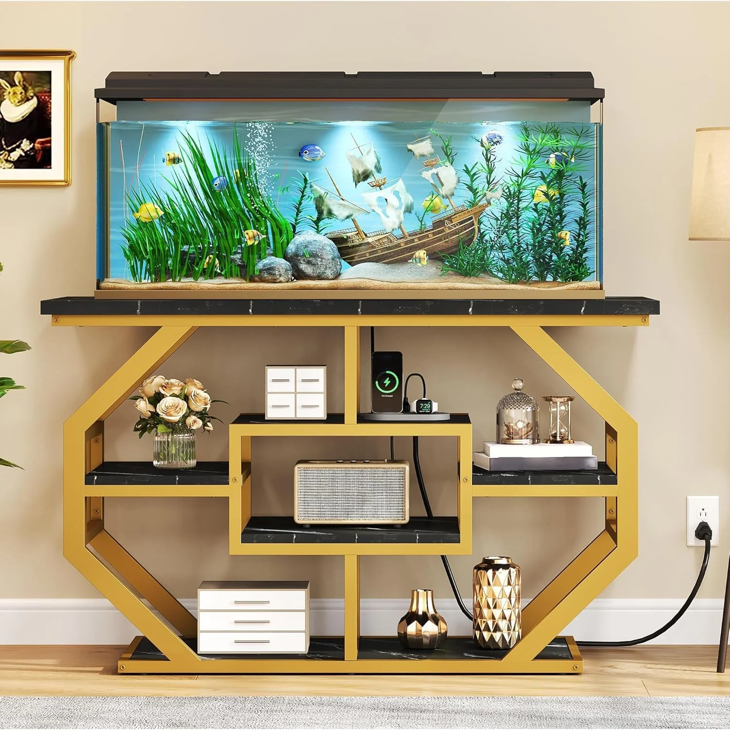 Exceptional YITAHOME Heavy Duty 55-75 Gallon Fish Tank Stand with Power Outlet Marble Aquarium Stand for Fish Turtle Reptile Terrarium Shelves for Fish Tank Accessories Storage 860LBS Capacity Gold Traditional