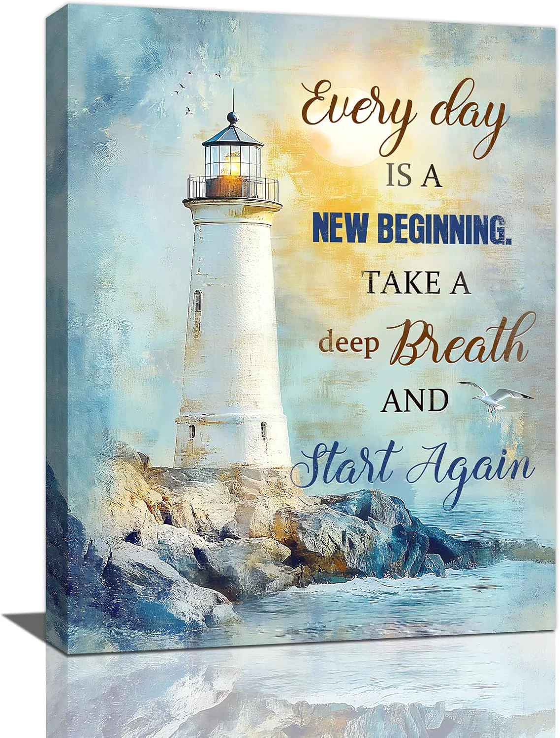 Stylish Ocean Lighthouse Pictures Wall Art Coastal Nautical Bathroom Wall Decor Every Day is a New Beginning Motivational Quote Framed Painting Canvas Artwork for Bedroom Living Room Decorations 16 L x 12 W Fast