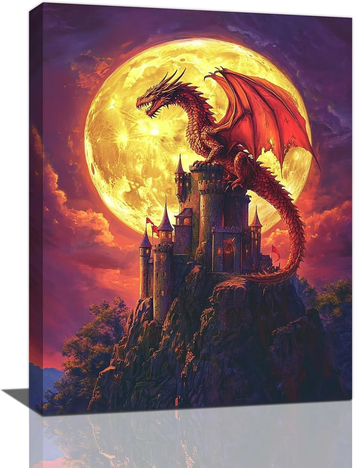 Professional Dragon Bathroom Pictures Wall Art Red Dragon Castle Bathroom Wall Decor Framed Painting Canvas Artwork for Bedroom Living Room Decorations 20 L x 16 W Carefully Designed