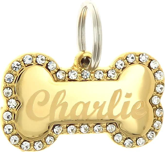 Convenient Custom Engraved Personalized Gold-Plated Bone Shape w Clear Rhinestones Dog Pet Effective