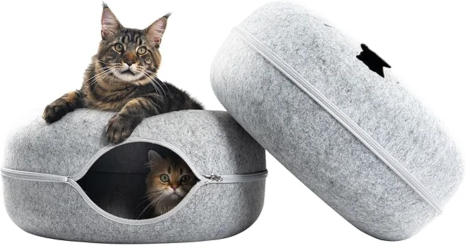 Clean Cattasaurus Peekaboo Cat Cave Donut for Multiple Large Cats up to 30-45 lbs 3-in-1 Self Warming Cat Bed Tunnel Scratcher for Indoor Cats Washable Detachable Light Gray Light Gray Large About ThisOverview Certified
