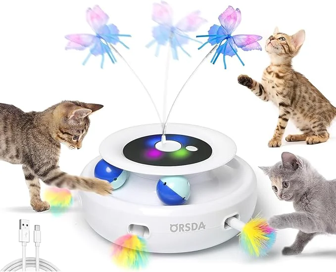 Prestigious ORSDA Cat Toy 3-in-1 Automatic Interactive Electronic Moving Ambush Feather Fluttering Butterfly Track Balls USB Rechargeable Powered Smart Indoor Exercise KickerAbout This Unique