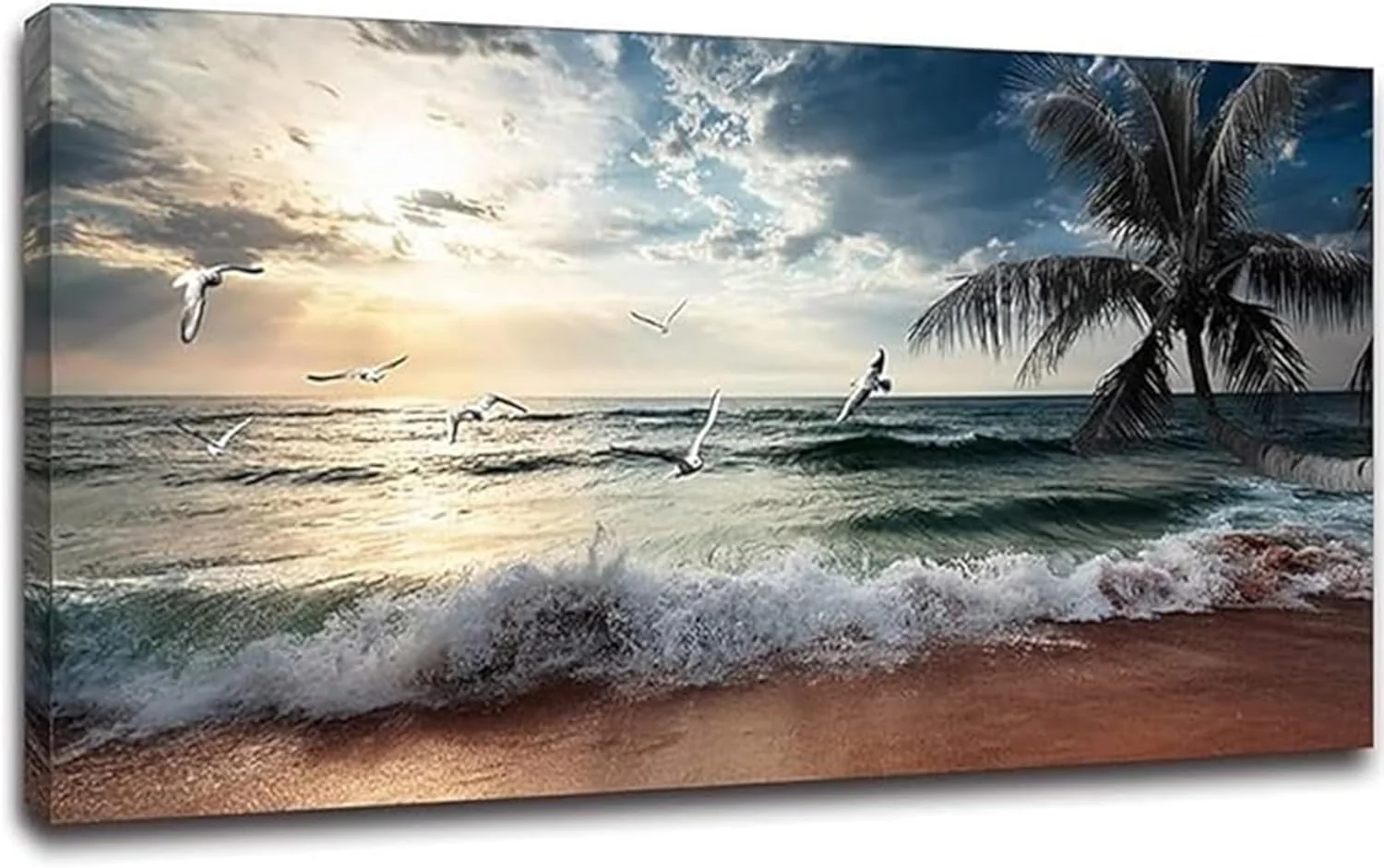 Safe Yxbhhym Large Beach Ocean Canvas Wall Art Coast Sunset Sea Paintings Poster Seascape Picture Palm Artwork for Living Room Bedroom Home Decorations Wall Room Decor Modern Framed 24x48inches Smooth