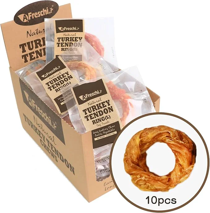 Expertly Made AFreschi Turkey Tendons for Dogs USA-Sourced Healthy Dog Treats Rawhide- Puppy Chews Long Lasting All Natural Hypoallergenic Dog Treats for Large Breeds 10 Count Box Ring L About This High-End