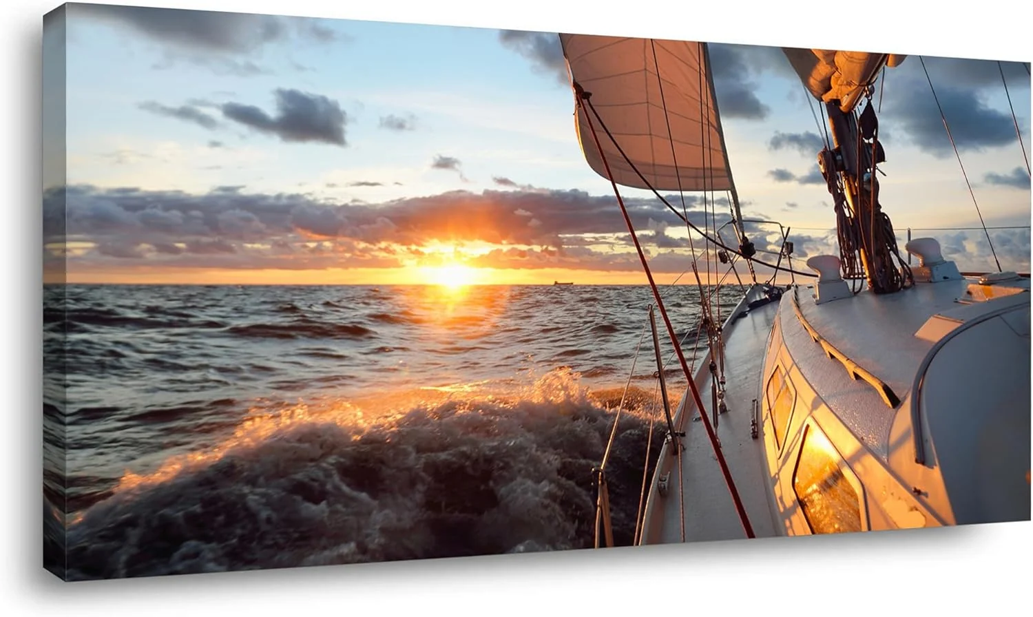 Verified Yacht Sailing in Sea at Sunset Scenery Canvas Wall Art for Living Room Bathroom Close-up View of Deck Mast Sails Picture Print Artwork Painting Decor Epic Seascape Scenic Landscape Inner Frame 20×40 Elegant