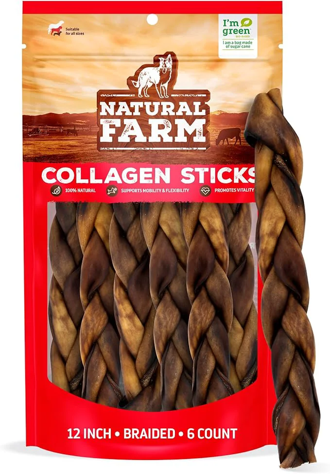 Convenient Natural Farm Braided Collagen Chews for Dogs 12 Inch 6 Pack Collagen Sticks Natural Dog Chews Long Lasting for Small Medium and Large Dogs Odor- Rawhide About This First-Class
