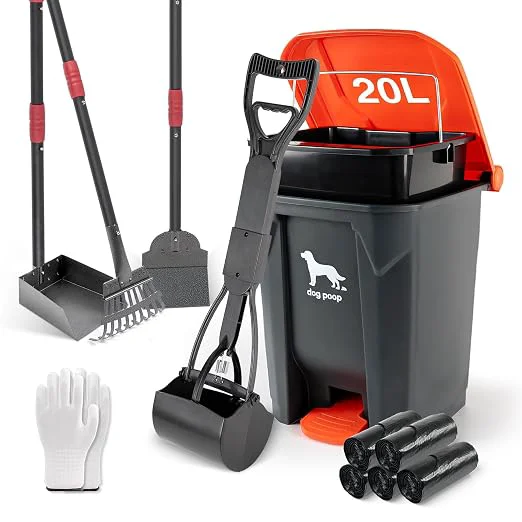 Fine Dog Pooper Scooper Long Handle Tray Rake 60 Waste Bags Dog Waste Large Bin Easy-to-Use