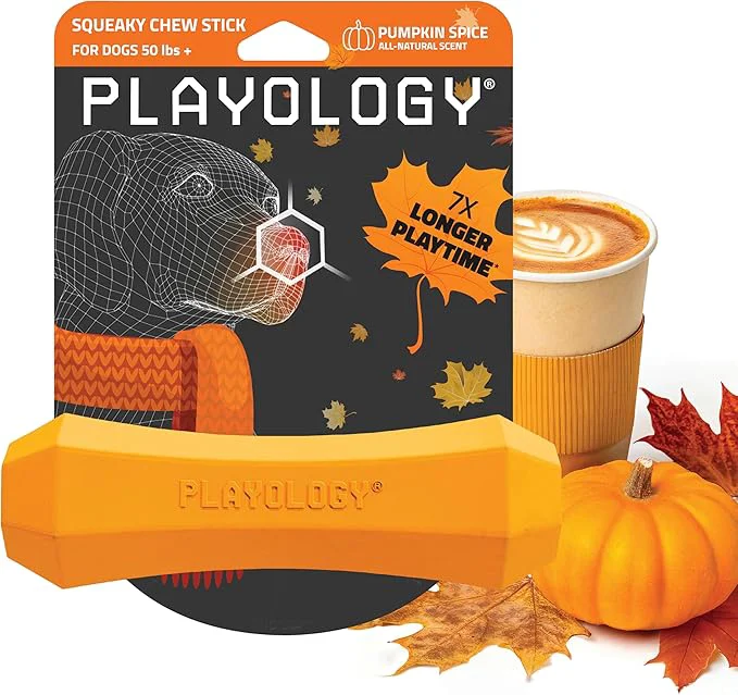 Pure Playology Dog Toys Durable Squeaky Chew Stick for Dogs Jumbo Pumpkin Spice Scented Toy – Easy to Clean and Made from Non Toxic MaterialsAbout This Functional