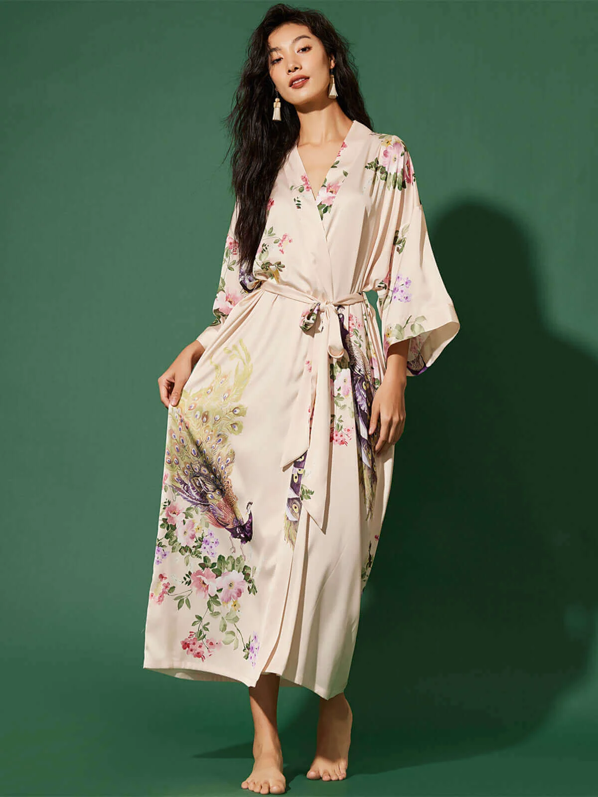 Prestigious Peacock Beige Kimono Robe Flexible