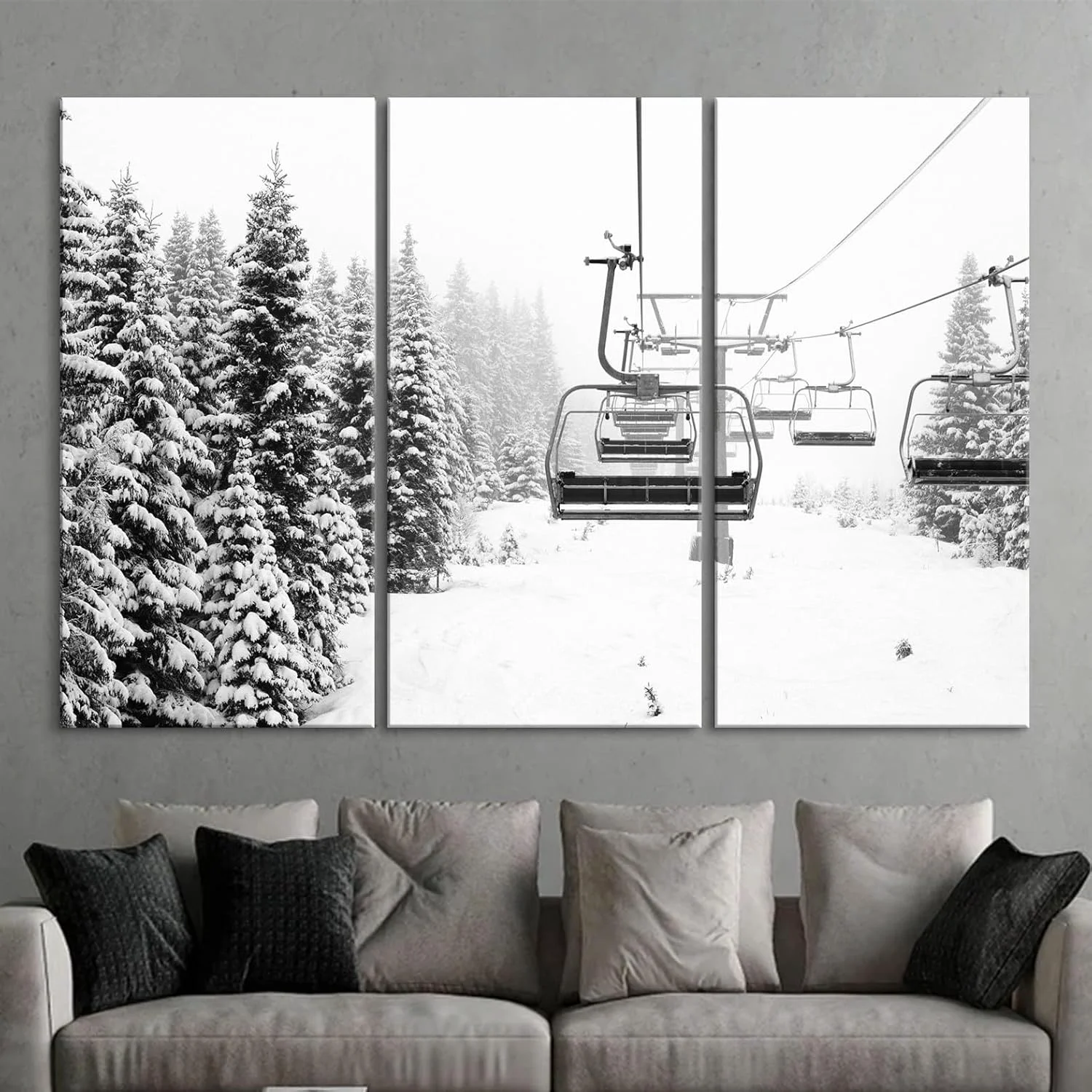 Pure Nature Wall Art Prints – Ocean Forest Mountain Lake Canvas Landscapes – Small to Extra Large Living Room Bedroom Kitchen Bathroom Décor Ski Lift on Snowy Mountain 55L x 83W – 3 Panels Original Design