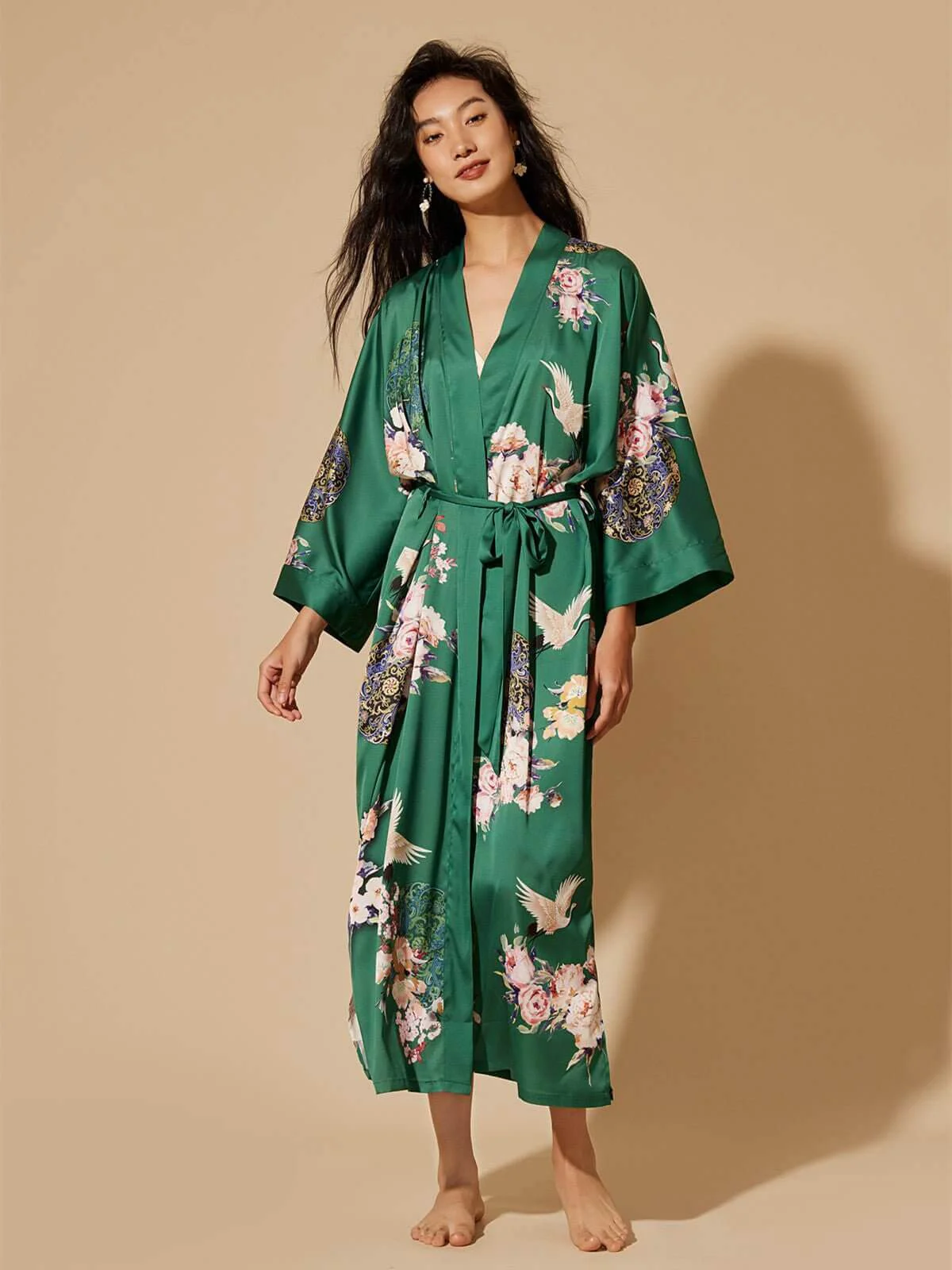 Effective Garden Crane Green Kimono Robe Smart