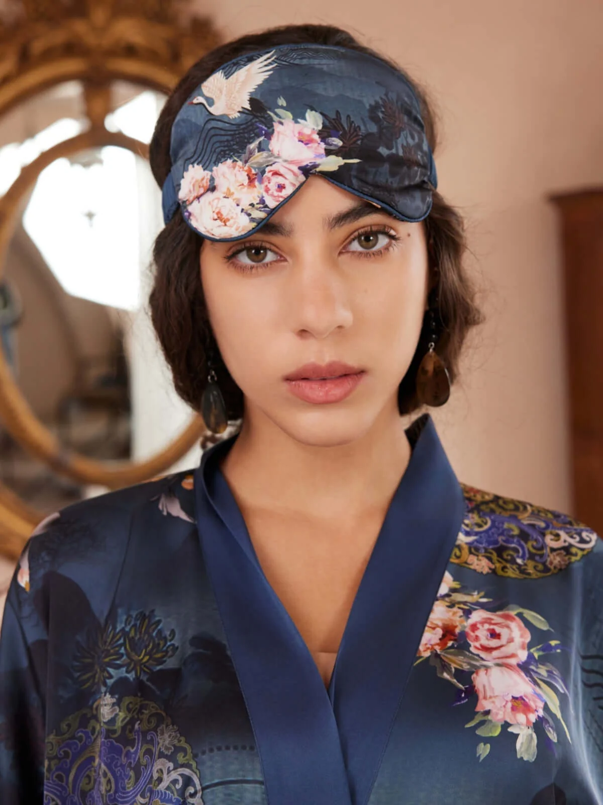Soft Garden Crane Charmeuse Floral Asian Inspired Sleep Mask Classic