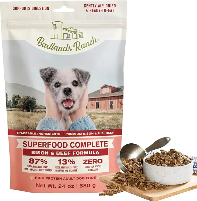 Official BADLANDS RANCH – Superfood Complete Air-Dried Adult Dog Food – High Protein Zero Fillers Superfood Nutrition by Katherine Heigl 24 oz Beef Bison Formula About This Eco-Friendly