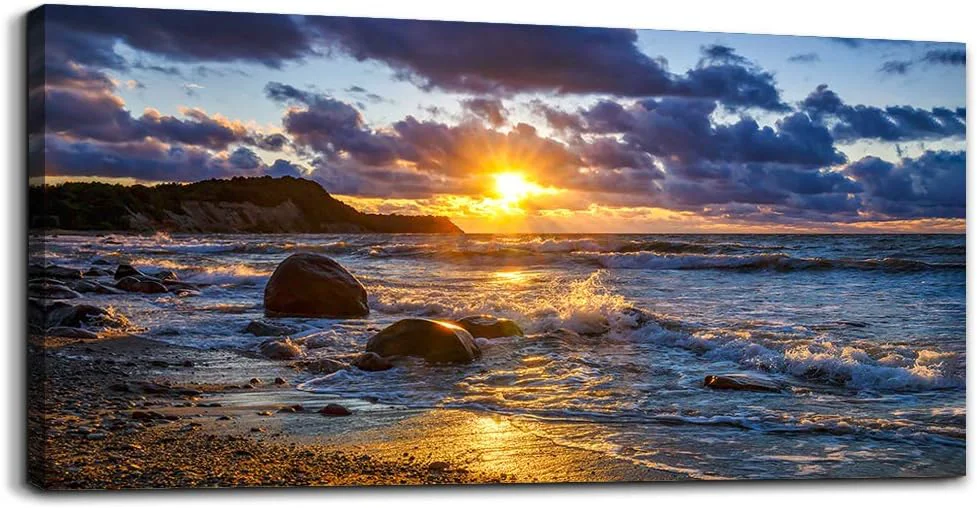 Stylish canvas wall art for living room bedroom Wall Decor blue ocean landscape painting Hang Home Decoration office bathroom kitchen sun beach sea golden Waves on the beach canvas art Prints pictures Works Safe