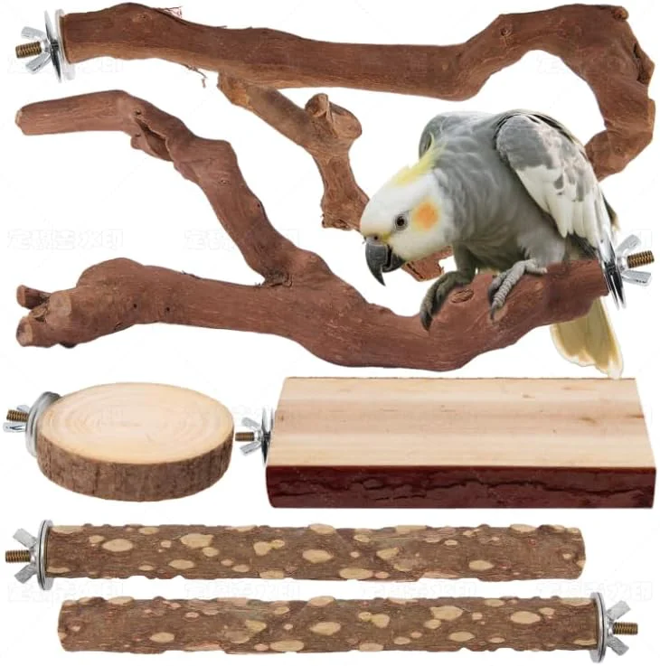 Modern Parrot Perch Bird Perch Stand Set Natural Wild Wood Grape Sticks Paw Grinding Fork Parakeet Climbing Standing Branches Toys Cage Accessories for Conure Cockatiels Lovebirds Budgies Chewable 6PC Smooth