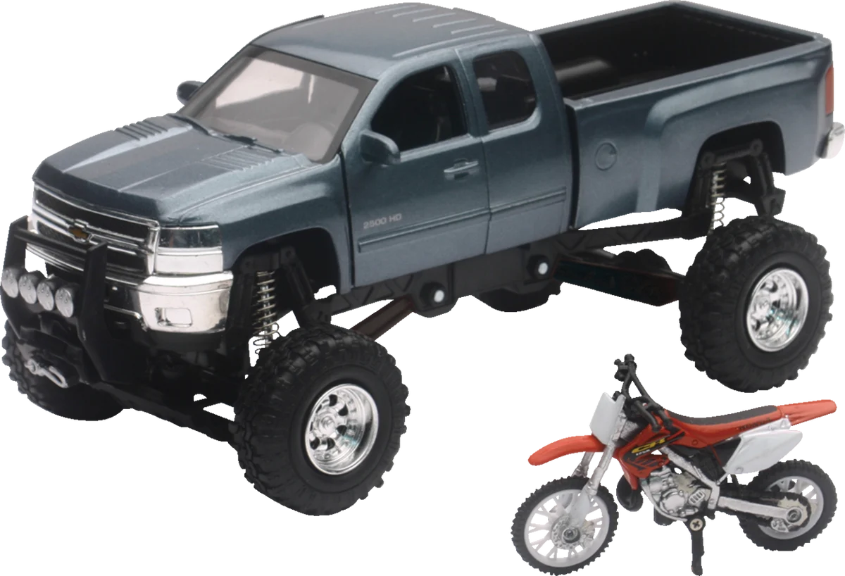 High-Performance New Ray Toys Chevrolet Silverado Offroad Pick Up w Honda Dirt Bike – 1 32 Scale – Gray Black Red SS-54426 Prestigious