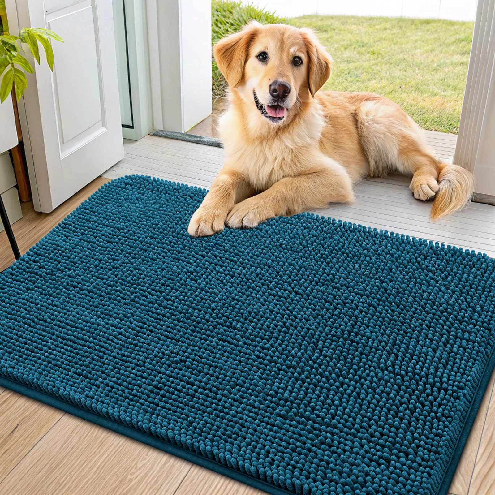 Fashionable Smiry Dog Door Mat 36×24 Absorbent Mud Dirt Front Doormat – Non-Slip Quick-Dry Chenille Atlantic Blue Durable
