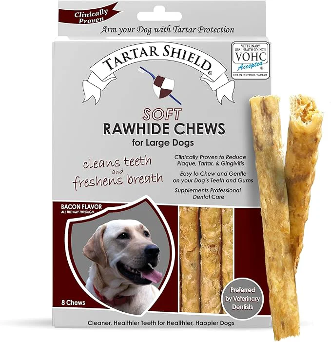 Organic Tartar Shield Soft Rawhide Chews Safe Dental Treats for Large Dogs Vet VOHC Daily Bone Cleans Teeth Gums Fresh Breath Oral Health Support USA Made Large Dogs 8 Count About This Elegant