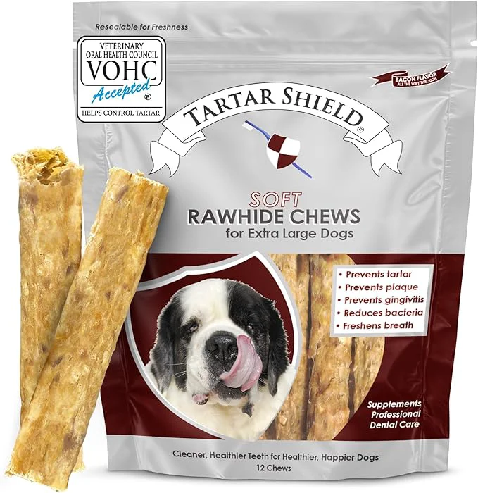 Secure Tartar Shield Soft Rawhide Chews Safe Dental Treats for Large Dogs Vet VOHC Daily Bone Cleans Teeth Gums Fresh Breath Oral Health Support USA Made XL Dogs 12 Count About This Smooth