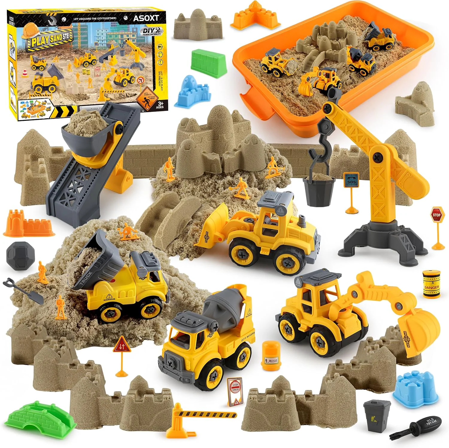 Minimalist Asoxt 43-Piece Construction Sensory Playset – 2 lbs Play Sand 4 DIY Trucks Crane Road Signs – Creative Sandbox Toy for Kids Ages 3 Contemporary