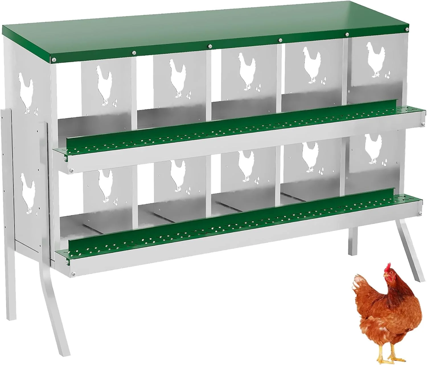 Solid 10 Hole Chicken Nesting Box with Roll Out Egg Tray Rustproof Ventilated Chicken Laying Boxes for Hens Chickens Ducks Easy-Clean Poultry Coop Accessories Green with Stand Fashionable