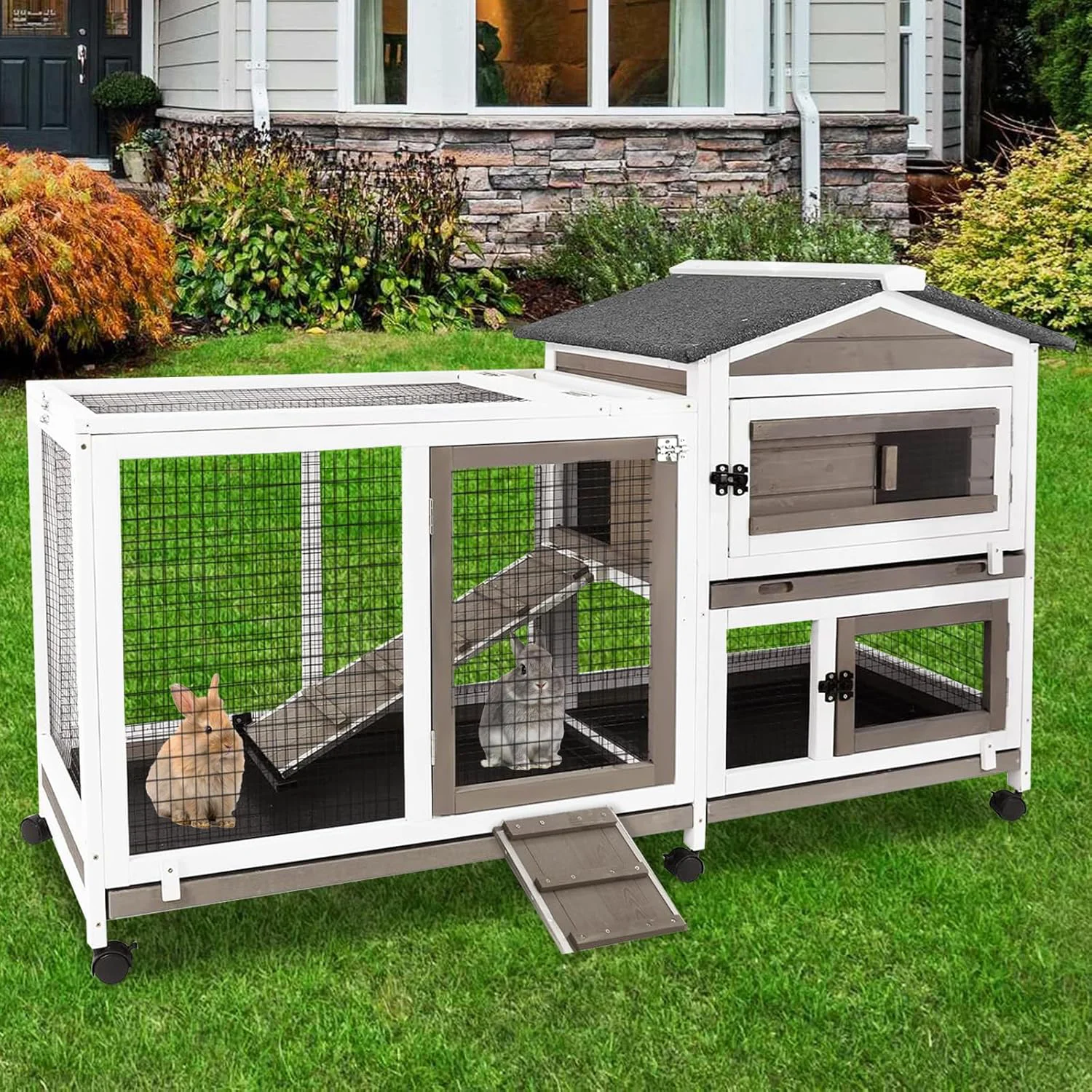 High-Quality 57 L Rabbit Hutch Indoor Outdoor 2 Story Large Bunny Hutch with Run Guinea Pig Cage Wooden Rabbit Cage with Removable 3 Pull Out Trays Pet House for Small-Medium Animals Classic