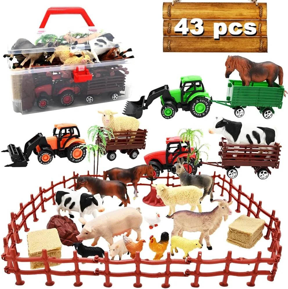 Soft 3 Pack Farm Toy Tractor with 40pcs Plastic Animals Figurines and Fence Playset Farm Figures Farmer Vehicle Toy Truck with Trailer for 3-12 Years Old Kids Boys Girls Toddlers Responsible