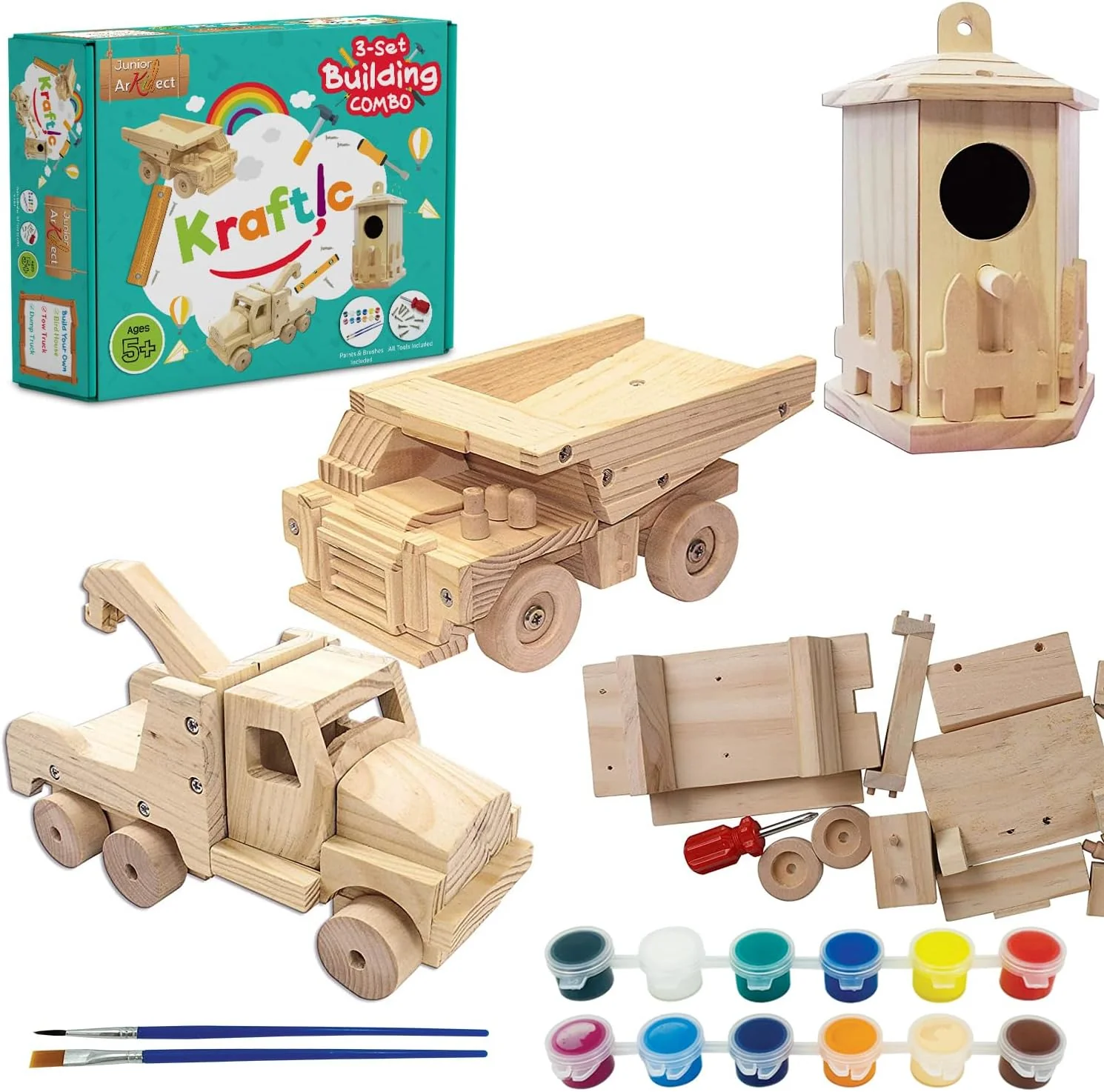 Innovative Kraftic Woodworking Building Kit for Kids and Adults with 3 Educational DIY Carpentry Construction Wood Model Kit Toy Projects for Boys and Girls – Tow Truck Birdhouse and Dump Truck Natural