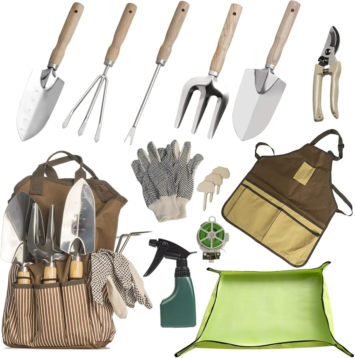 Expertly Made 13-Piece Garden Tools Set with Tote Bag Apron Repotting Mat – Stainless Steel Heavy Duty Planting Kit Ergonomic Non-Slip Handles – Gardening Gift for Women Mom Home Gardeners Trendy