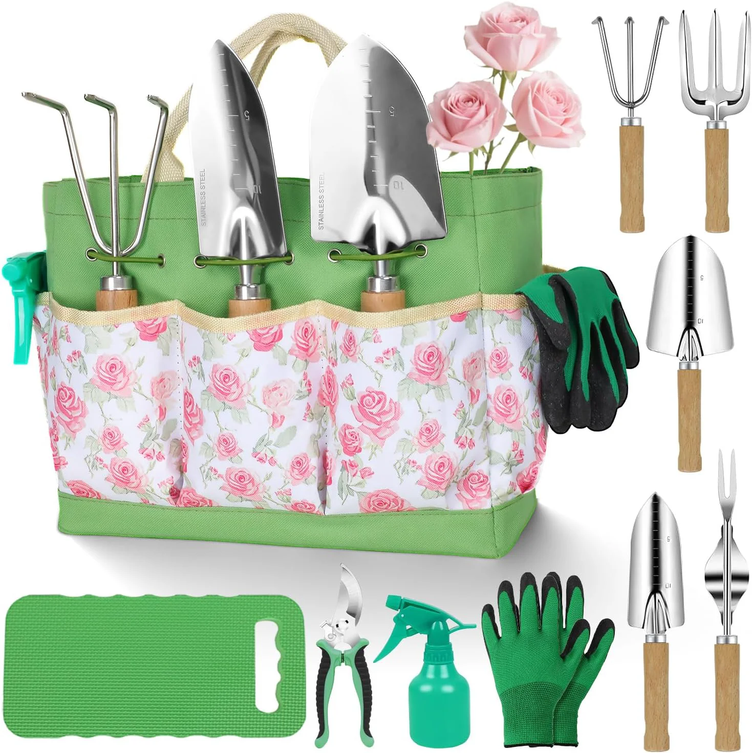 Breathable Garden Tool Set 10 Piece Garden Kit Heavy Duty Stainless Steel Gardening Hand Tools with Durable Storage Tote Rust-Proof Garden Tools Gardening Gifts for Women Men Pink Floral Pattern Design Dependable