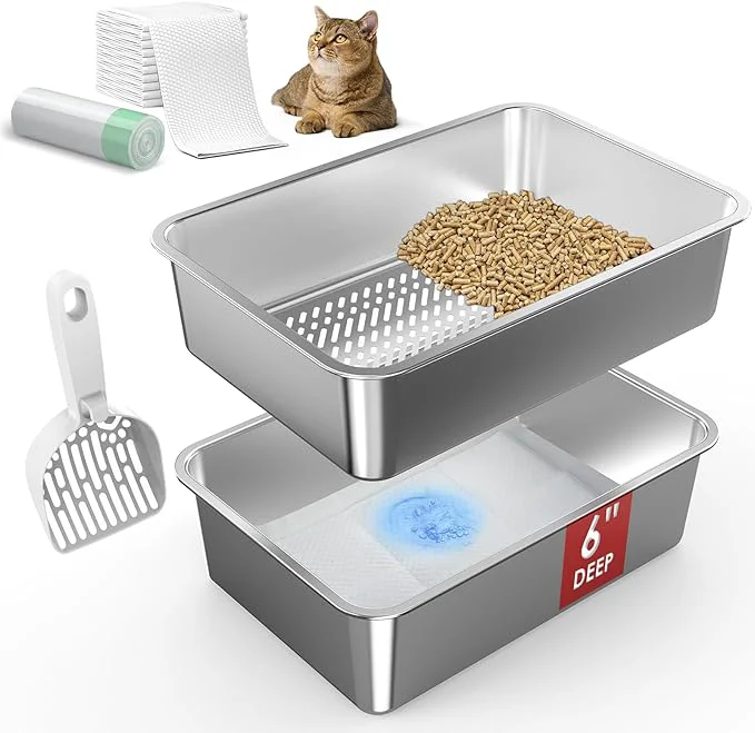 Secure 19.6”x13.7”x6” Suzzipaws Stainless Steel Litter Box Open Top Sifting Litter Premium Material