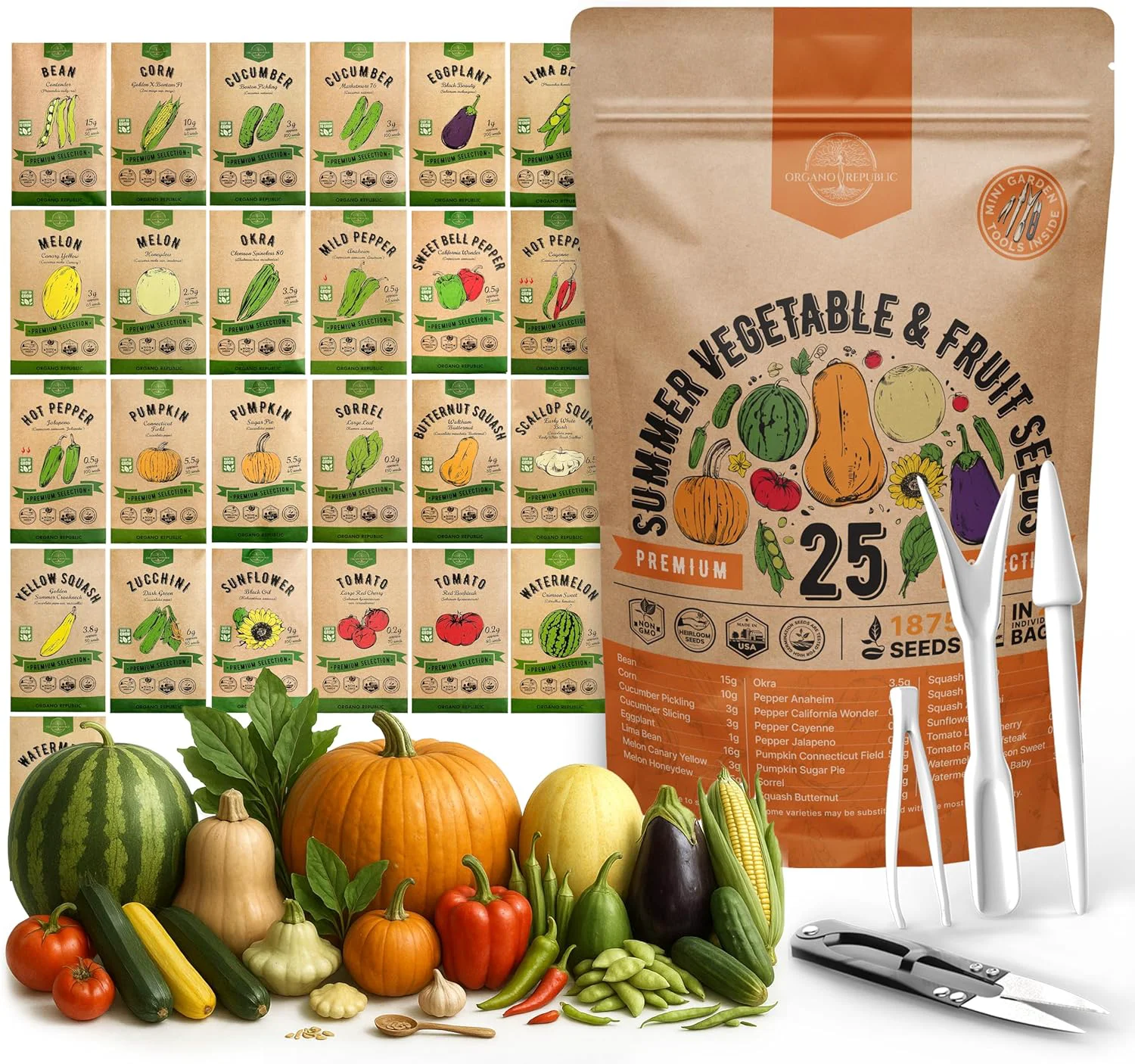 Crafted 25 Summer Vegetable Fruit Seeds Variety Pack – 1 870 Non-GMO Heirloom Veggie Fruits Seeds for Outdoors and Indoor Home Gardening Including Collards Tomato Pepper Okra Onion Bean Cucumber Classic