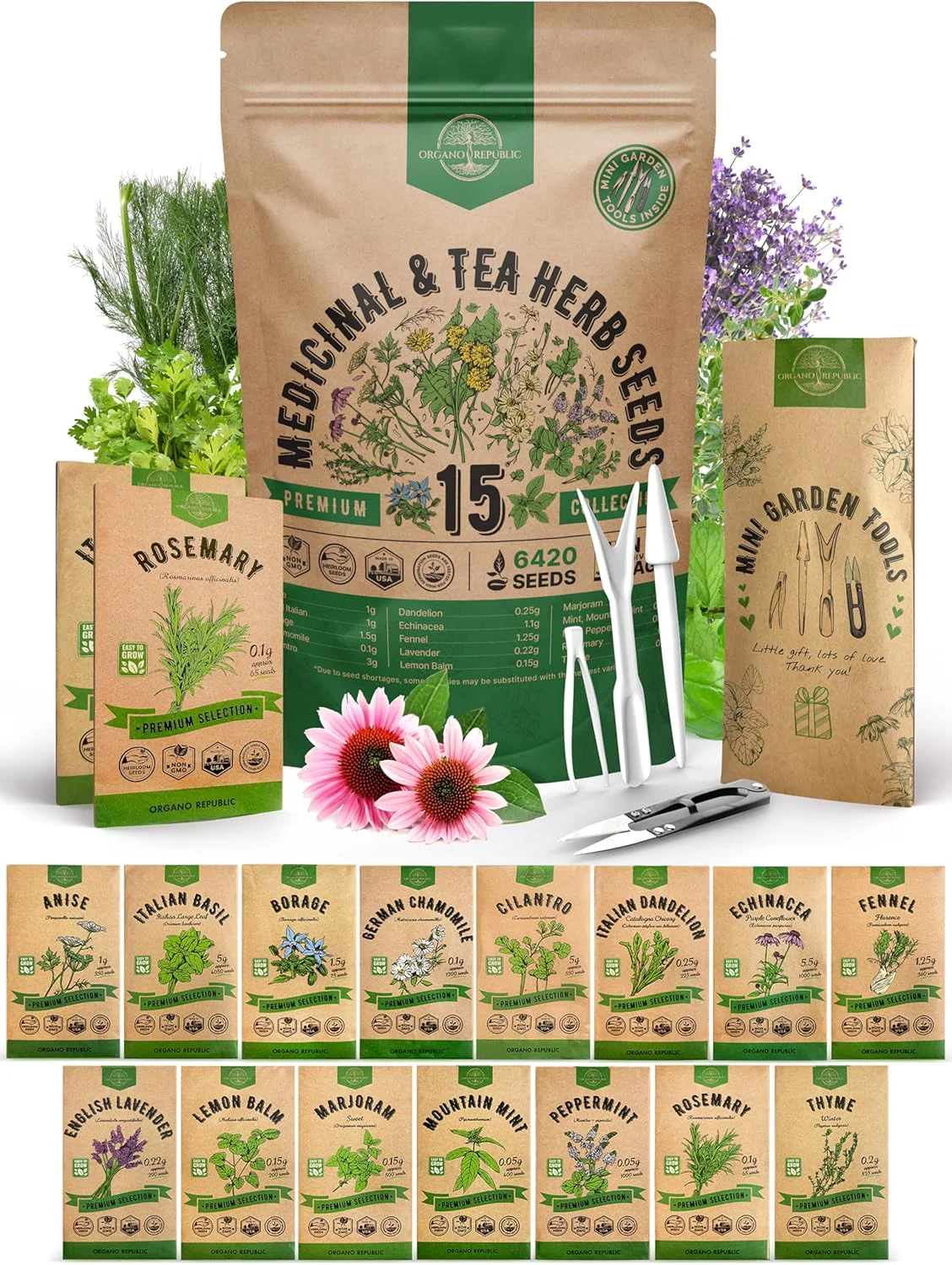 Practical Organo Republic 15 Medicinal Tea Herb Seeds Variety Pack 6 420 Non-GMO Heirloom Garden Seeds for Indoor Outdoors Including Anise Borage Cilantro Chamomile Dandelion Rosemary Seeds Advanced