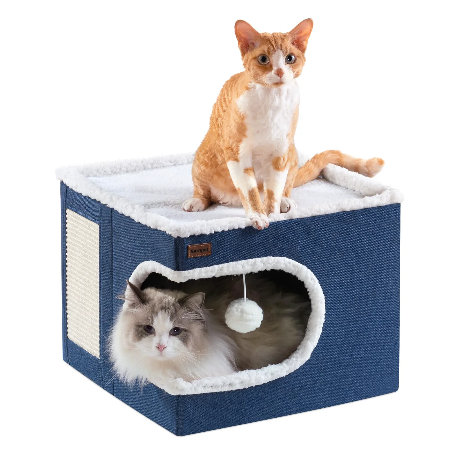 Luxury Garnpet Cat Bed Cube House – Covered Cat Cave with Scratch Pad Navy Detailed