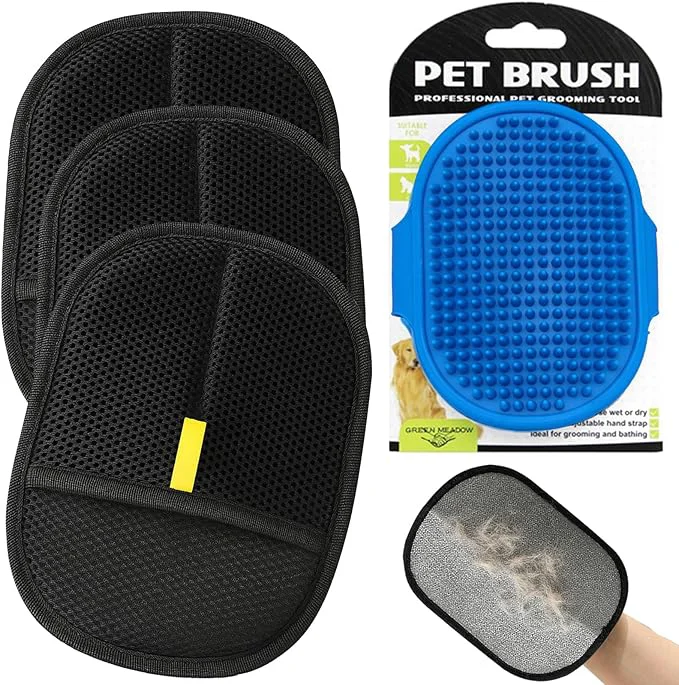 Proven 4PCS Professional Pet Hair Remover Glove Set Black Mesh Grooming Brush with Silicone Tips for Dogs and Cats 3-Pack Gloves 1 Brush About This Responsible