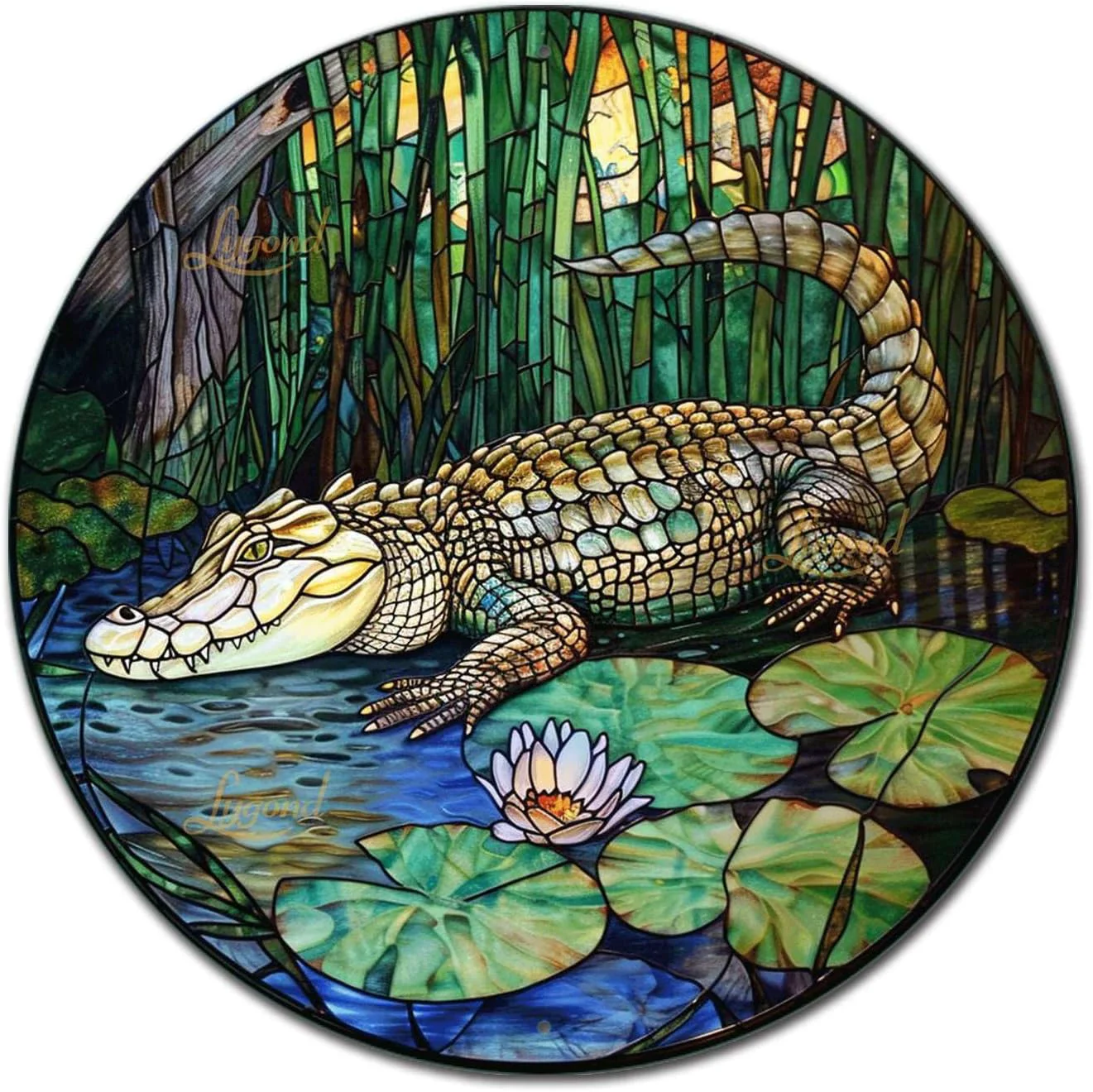 Sophisticated Lygond Metal Sign Tin Sign Circular Stained Glass Crocodile Restroom Tin Sign for Yard 12×12 Inches Certified
