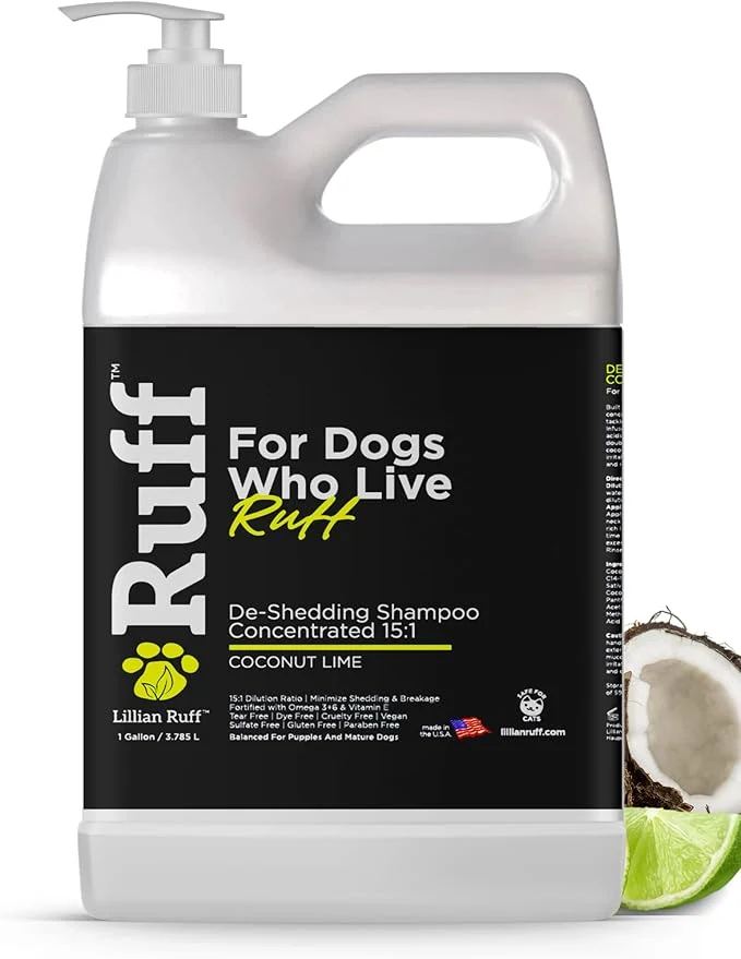 Fashionable Ruff by Lillian Ruff 15 1 Concentrated Deshedding Dog Shampoo – Extra-Strength Shedding Odor Control – Aloe Coconut Oil Vitamin E – Puppy Safe USA Made – Coconut Lime – Gallon PumpAbout ThisOverview Professional