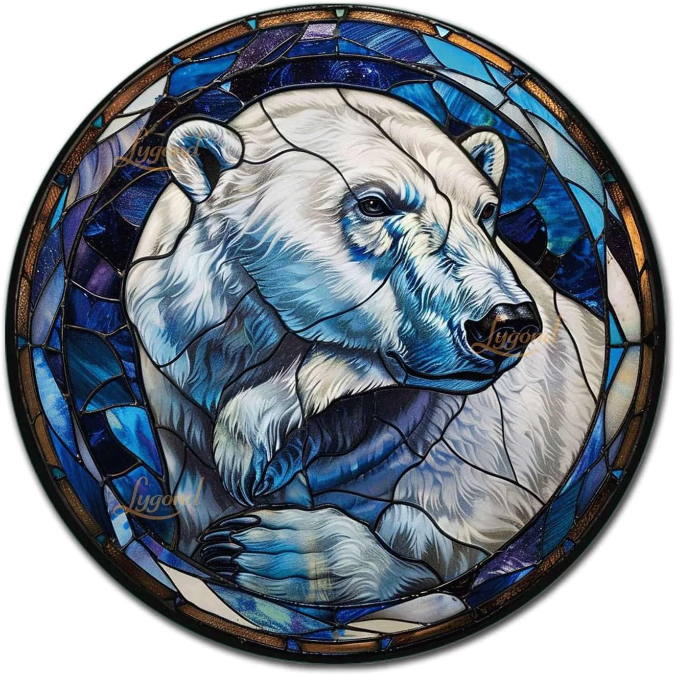 High-Grade Lygond Metal Sign Tin Sign Circular Stained Glass Polar Bear Minimalist Wall Art for Gift 12×12 Inches Trendy