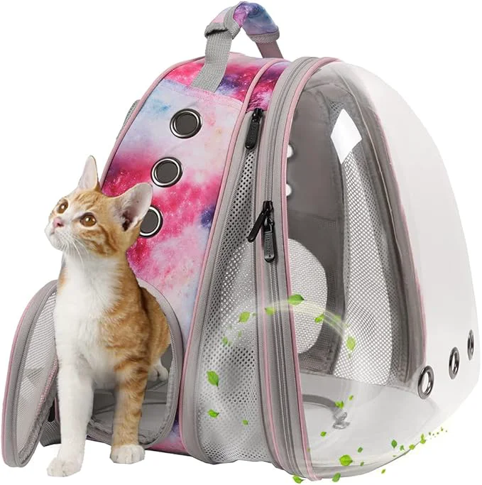 Original Design Front Expandable Cat Backpack Carrier Fit up to 20 lbs Space Capsule Astronaut Bubble Window Backpack for Large Fat Cat and Small Puppy Galaxy Pink PrintAbout ThisOverview Crafted