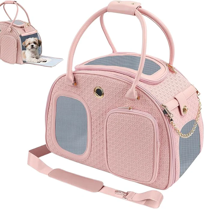 Organic Dog Purse Carrier for Small Dogs TSA Airline Pet Tote Bag Fashion Soft-Sided Puppy Carrier Purse with Pockets for Travel Shopping Daily Use Pink 16.1inch x 8.7inch x 12inch LxWxH About ThisOverview Professional
