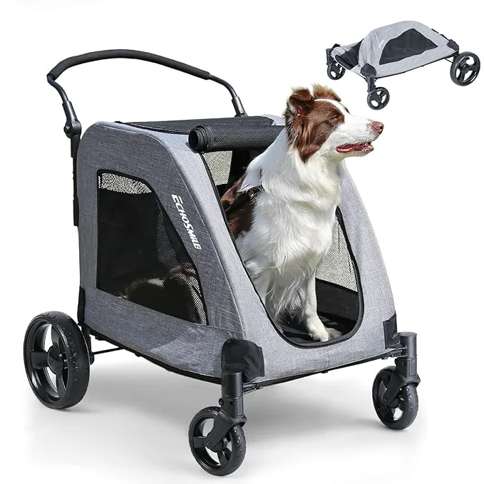 Sophisticated EchoSmile XL Extra Large Dog Stroller – Adjustable Handles Lightweight Folding Pet Stroller All-Terrain 4 Wheel for 2 Medium Dogs Dual Entry Safety Dog Stroller Capacity 160 lbs GrayAbout ThisOverview Flexible