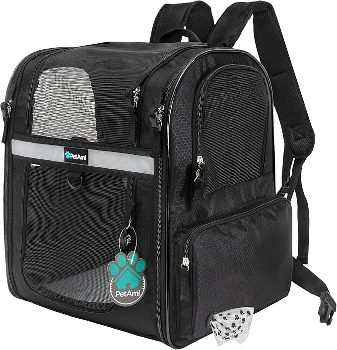 User-Friendly PetAmi Dog Backpack Carrier for Small Large Cat Pet Puppies Ventilated Pet Hiking Backpack Travel Bag Airline Cat Backpack Carrier Safety Back Support Camping Biking Max 18 lbs BlackAbout ThisOverview Crafted