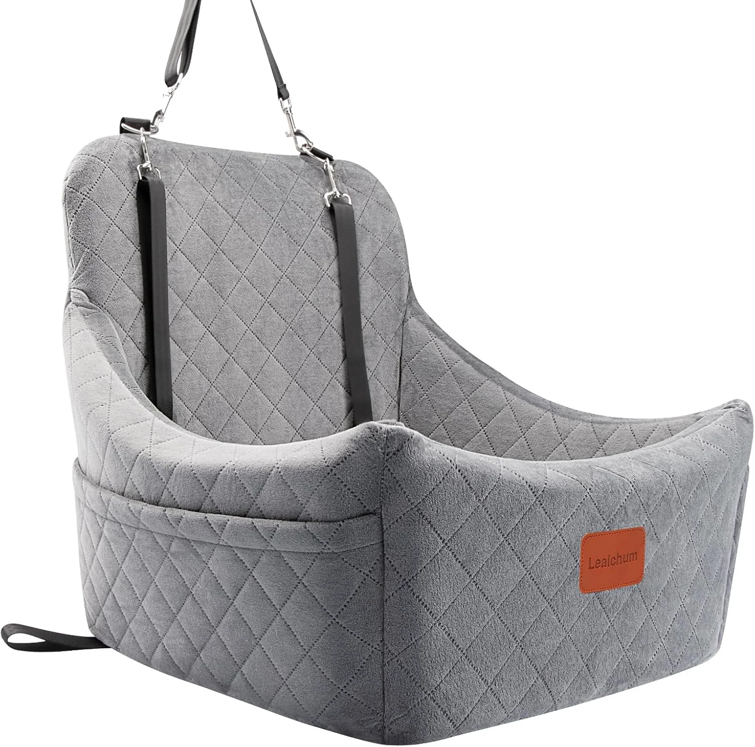 Exclusive Dog Car Seat for Medium Dogs Up to 35lbs Fully Detachable and Washable Easy to Install with Adjustable Straps Anti-Slip Bottom Travel Car Bed for Pets Two Side Pockets Grey Medium Stylish