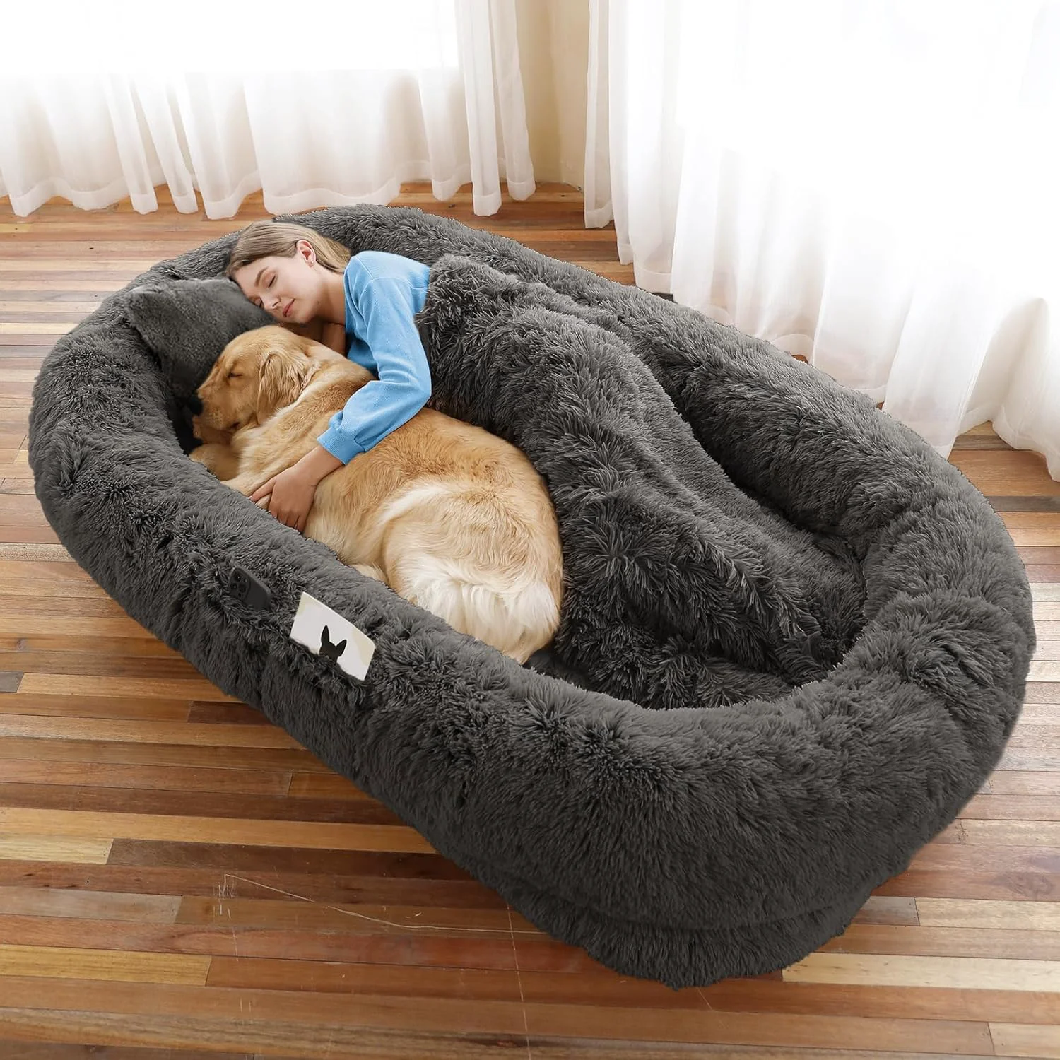 Trendy Human Dog Bed 71”x45”x12” Size Fits You and Pets Washable Faux Fur Pet Bed for People Doze Off Napping Orthopedic Dog Bed Present Plump Pillow Blanket Strap – Dark Grey Enhanced