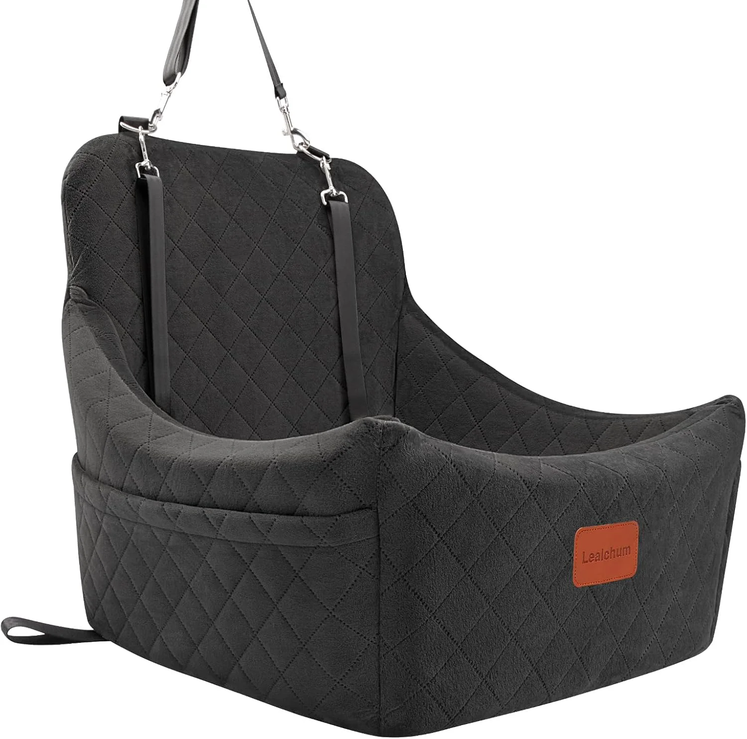 Comfortable Dog Car Seat for Dogs Up to 35lbs Fully Detachable and Washable Memory Foam Covered Soft Fabric Easy to Install with Adjustable Straps Anti-Slip Bottom Two Side Pockets Black Medium Detailed