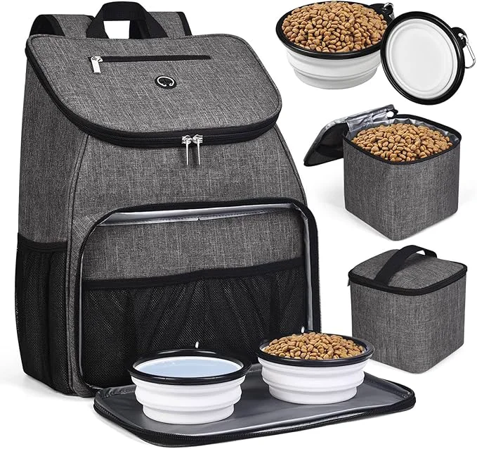 Top-Quality BAGLHER丨Dog Travel Bag Airline Pet Supplies Backpack Dog Travel Backpack Accessories Set with 2 Silicone Collapsible Bowls and 2 Food Baskets GrayAbout ThisOverview Expertly Made