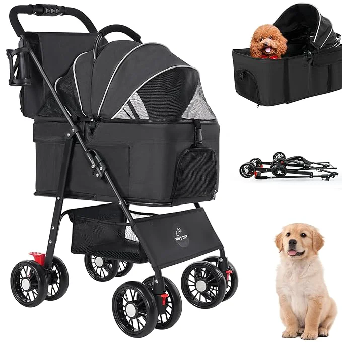 High-End 3 in 1 Pet Dog Stroller for Small Medium Dogs 10-50 lbs Foldable Cat-Strollers for 2-Cats with Removable Carrier Pet-Strollers for Cats with Storage Bag Small Puppy-Stroller Dog-Cart Black About ThisOverview Verified